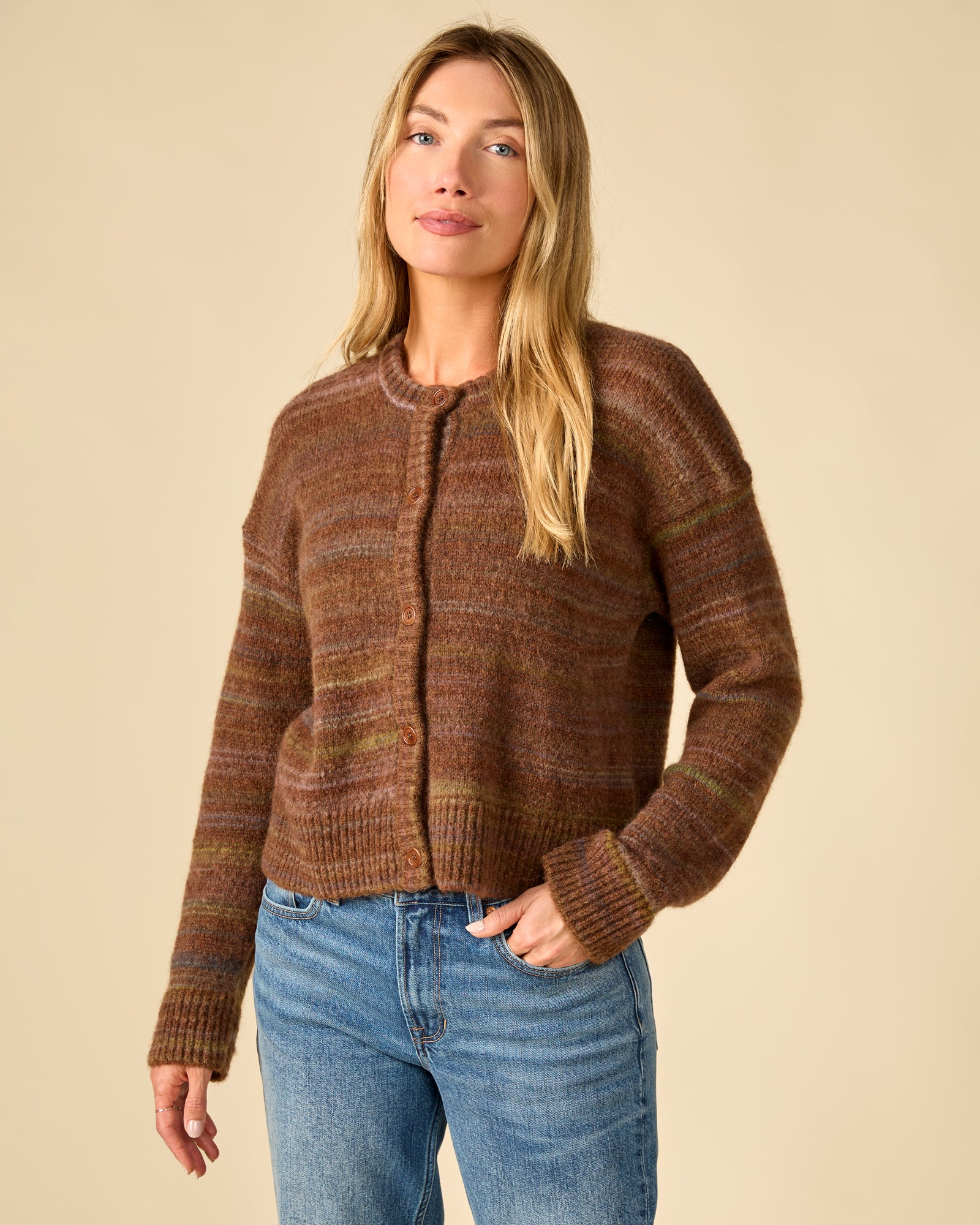 Horizon Sol Cardigan (2) Women's chocolate brown wool knit button-front cardigan