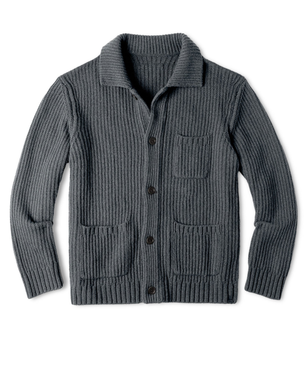 Men's heather charcoal wool rib knit button-front cardigan