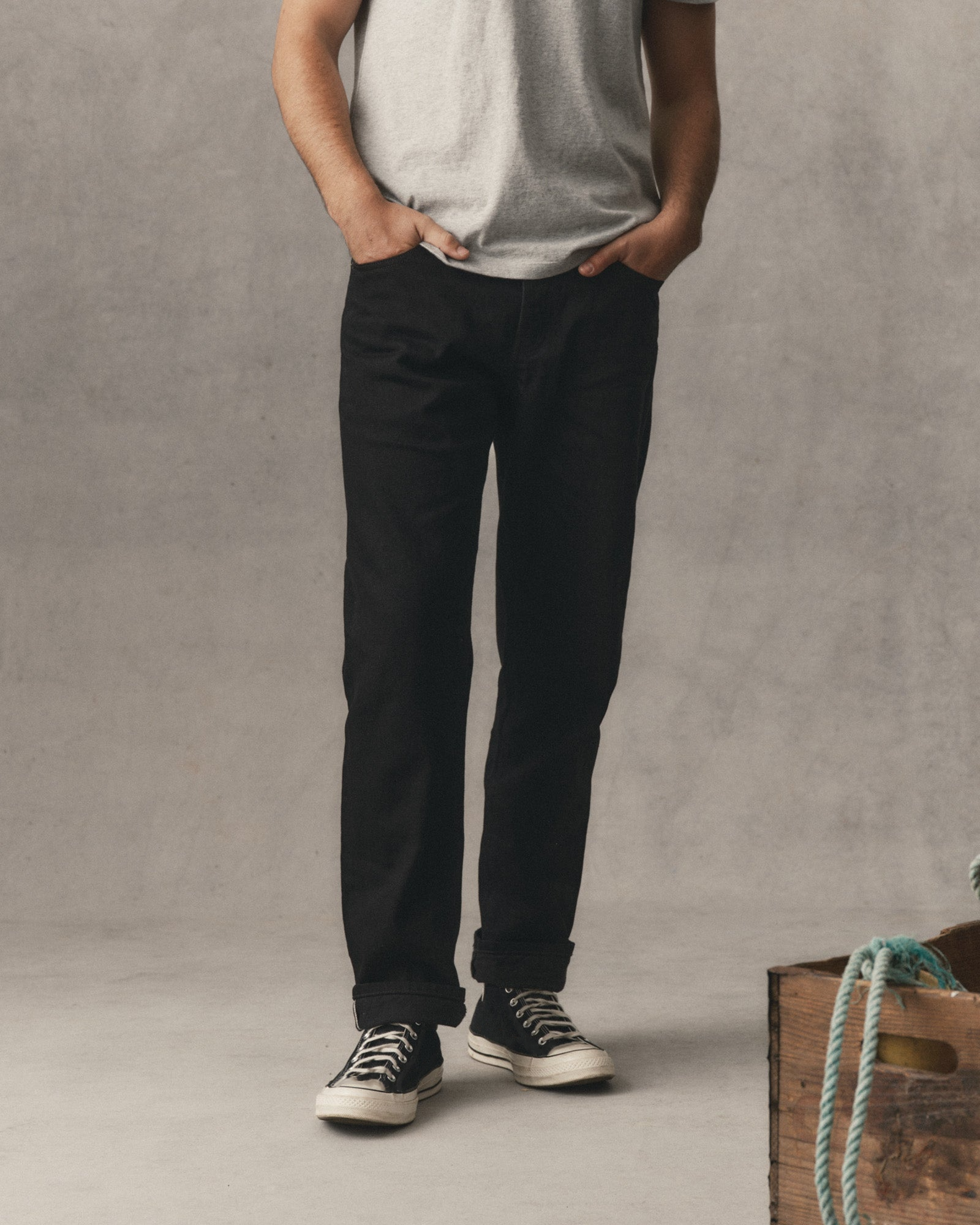 Men's washed black five-pocket straight denim jean